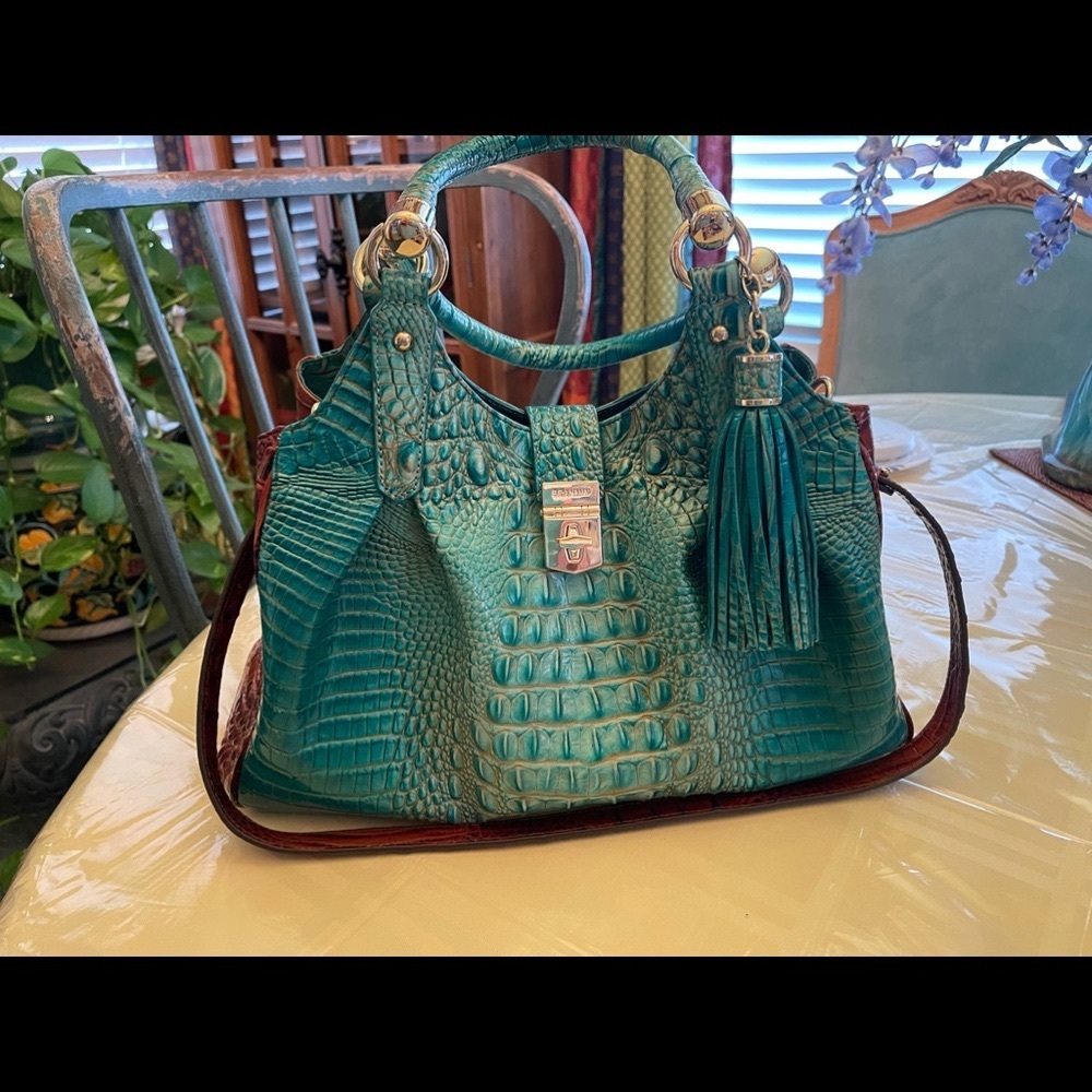 BRAHMIN ELISA HOBO Turquoise Paratay color blocked in classic Pecan
